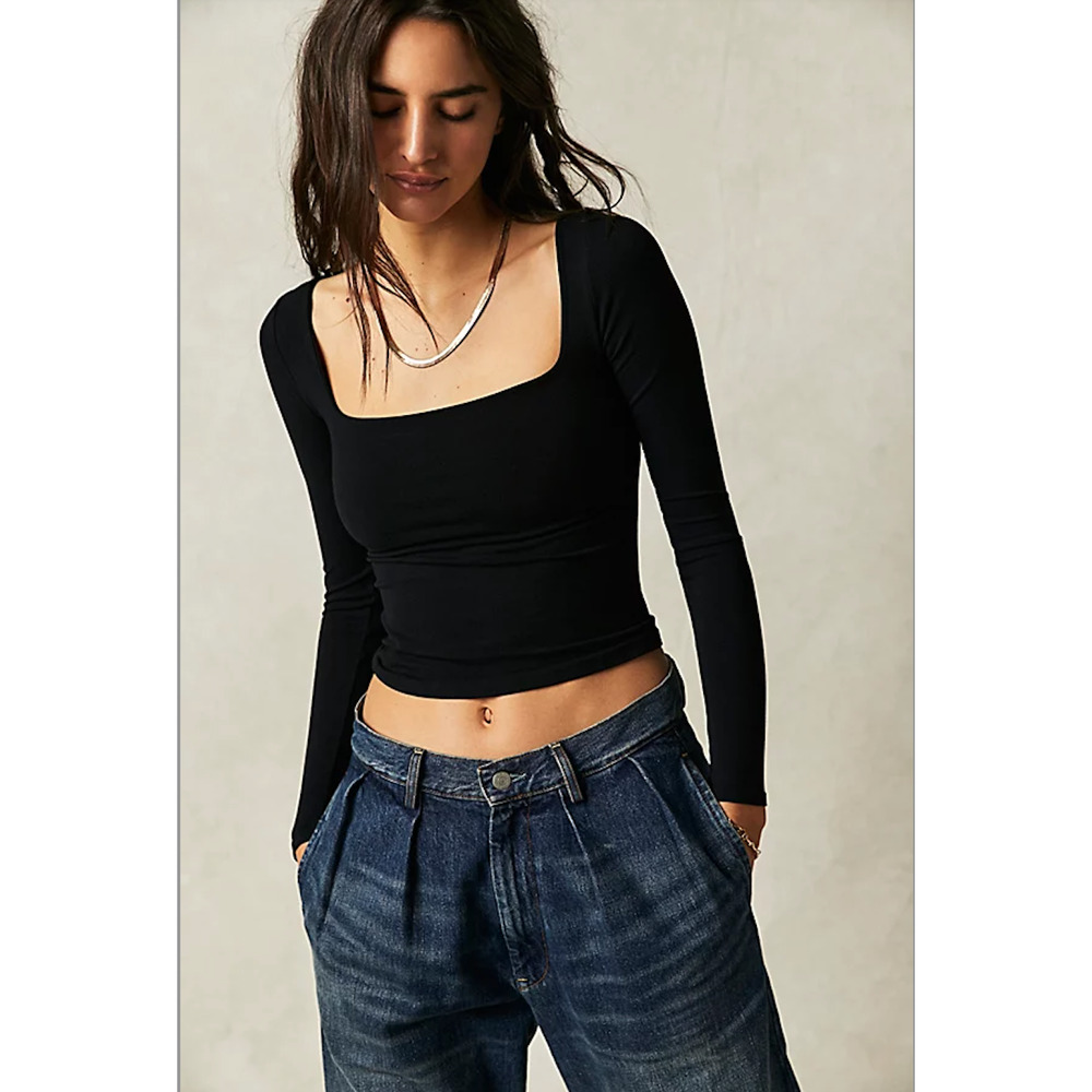 Free People Intimately Clean Lines Long Sleeve Shirt in Black XS/S
